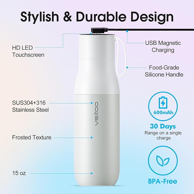 VSITOO 15oz Mini Smart Water Bottle，Self-Cleaning Insulated Bottle, Small Thermoses with AI, App & Touchscreen, Perfect Purse Water Bottle for Travel, Gym & Office, White
