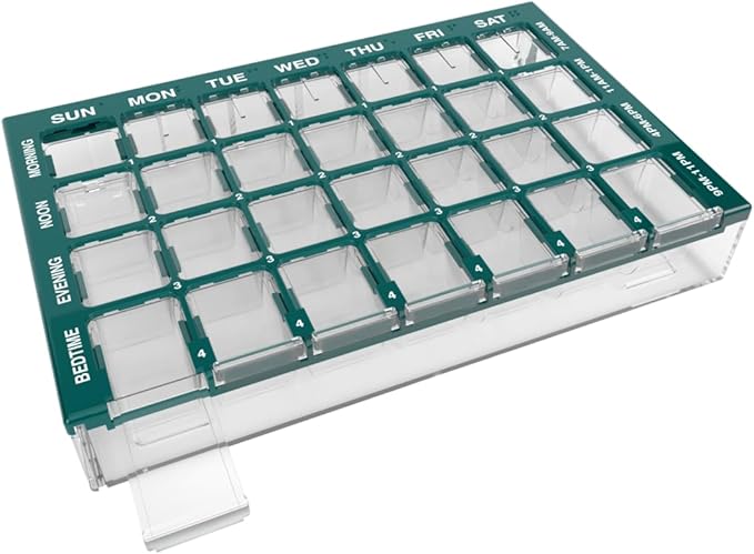 EZY DOSE Weekly AM/PM (7-Day) Daily Pharmadose Pill Planner, Medicine Case, Vitamin and Supplement Organizer, Medium Easy Fill Compartments, 4 Times a Day, 28 Compartments, Green, BPA Free