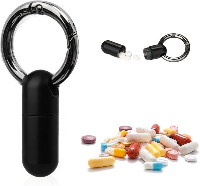 Keychain Pill Holder Mini - Titanium,Pill Case Travel Waterproof, Portable Tiny Pill Organizer for Camping and Hiking Outdoor Pill Box (Black)