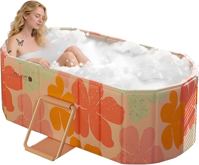Gets 47" XL Oval Ice Bath Tub For Athletes,Portable Bathtub for Adults Foldable Soaking Standing Hot Bath Tub for Shower Stall,Separate Family Bathroom SPA (Pink,47"×22"×19")