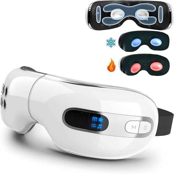 Eye Massager with Heat and Cooling Bluetooth & Compression for Migraines, Dark Circles Relax Dry Eyes, Improve Sleep Gift for Men Women