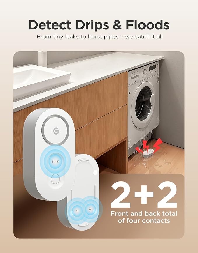 GoveeLife Upgraded Smart Water Leak Detector 1s with 1804ft Ultra-Long Range, WiFi Water Sensor with SMS/Email/APP Push and Sound Alarm, 5-Year Battery Life, Suit for Home, Basement, Kitchen, 4 Pack