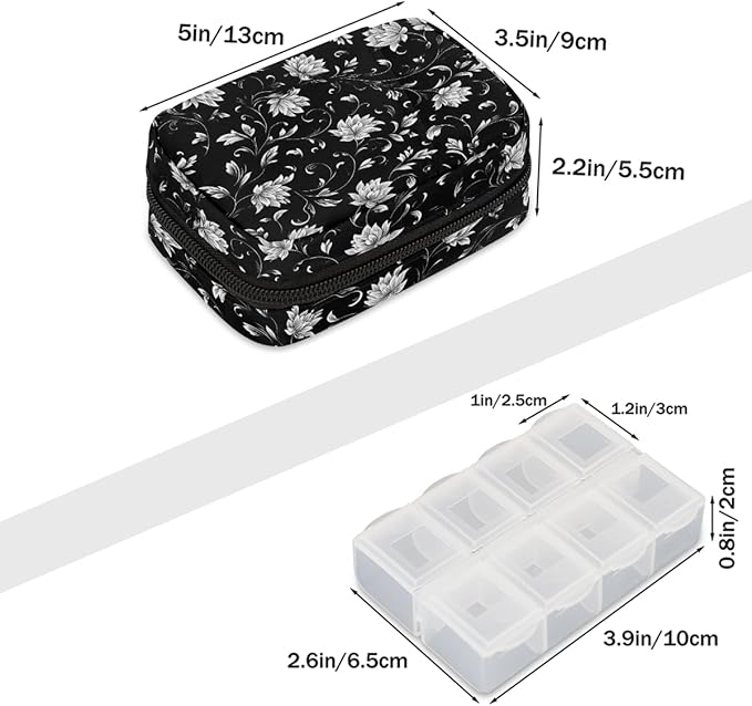Floral Black Retro Pill Case Everyday Travel, 7 Day Weekly Medicine Pill Box Compact Portable Pills Bottle Organizer with Zipper for Daily Vitamin Medicine Holder Bottle Organizers Bag