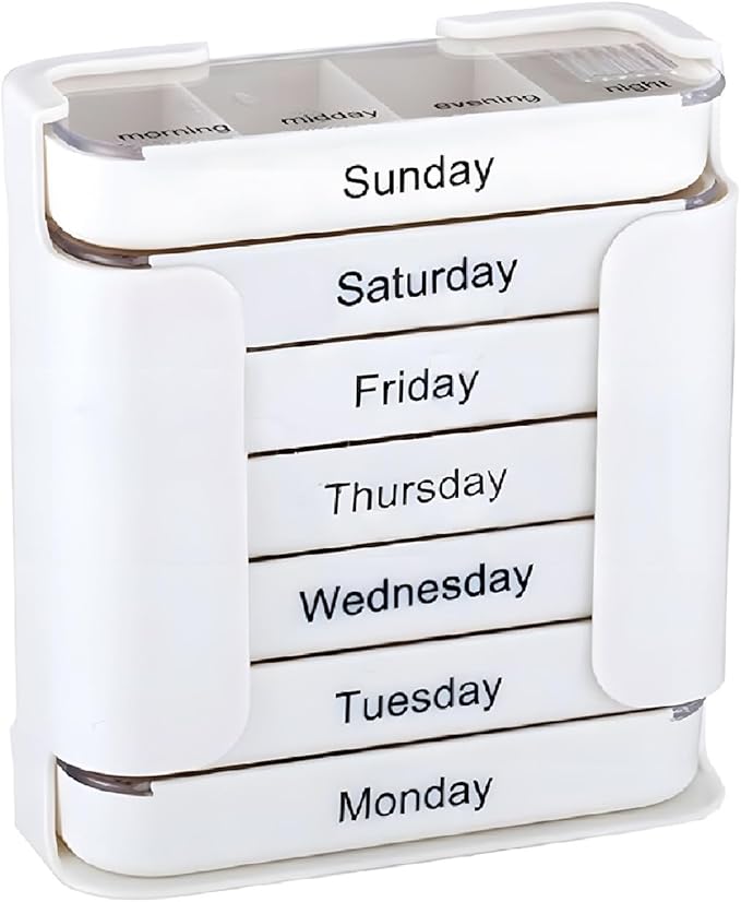 7-Day Medication Organizer, Weekly Pill Organizer, Portable Food-Grade Medicine Box Square, Convenient 28-Grid Drawer Medicine Box Home Travel Storage Case for Medication, Supplements (White)
