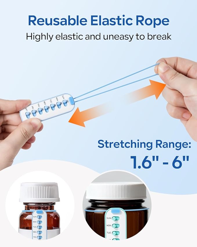 Betife 4-Pack Pill Reminder Tracker - Elastic Lanyard & 3M Stickers, Reusable Medication Reminder for Most Pill Bottles, Daily Habit Tracker for Seniors & Busy Adults