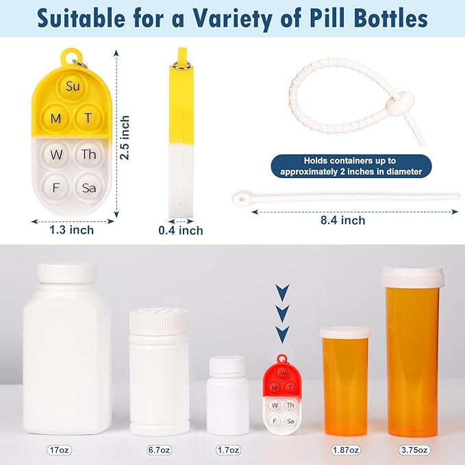 6 Pack Medication Pill Tracker Pill Reminder with Ties Reusable Daily Pill Tracker Portable Pill Bottle Tracker with Button 7 Day Memory Aid Medication Dose for Bottles The Elderly