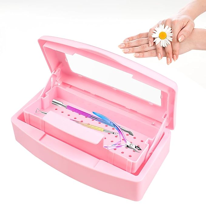 Nail Tool Sterilizer Box, Plastic Sterilizing Tray, Plastic Clean Sterilizing Box Storage Organizer for Nail, Tweezers, Eyelash Extensions, Hair Salon, Spa & Cutter Manicure Equipment (Pink)