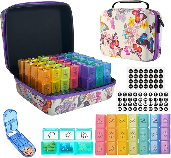 Monthly Pill Organizer, 31-Day Medicine Box with Hard Shell Case, 3 Times Daily Dosage Schedule, Plastic Rectangular Design, Includes Pill Cutter and Monthly Weekly Stickers (Butterfly)
