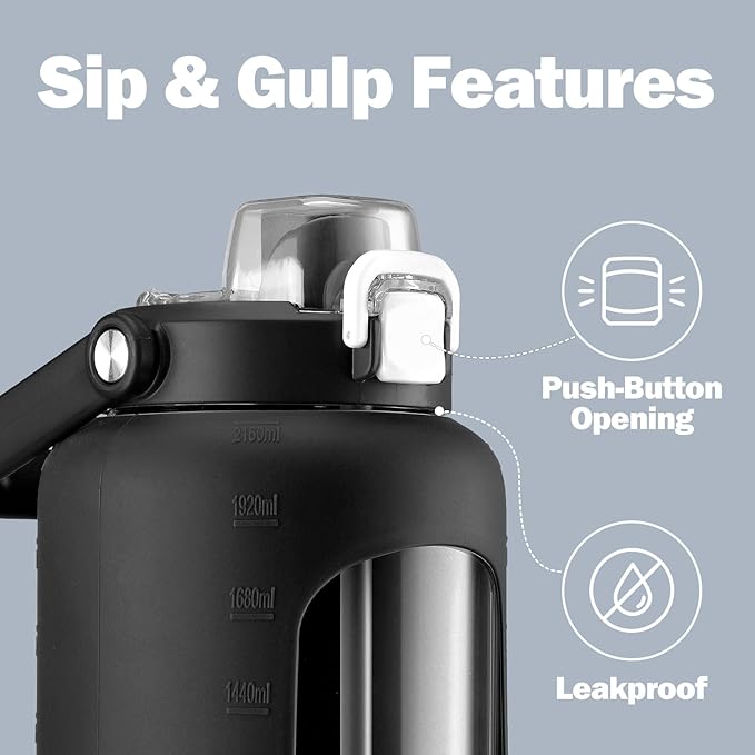 72oz Glass Water Bottle with 2-IN-1 Straw &Chug Lid, Large Motivational Glass Bottle with Capacity Marker and Silicone Sleeve, 2.1Liter Gallon Water Jug for Home, Sports, Gym, BPA Free-Black
