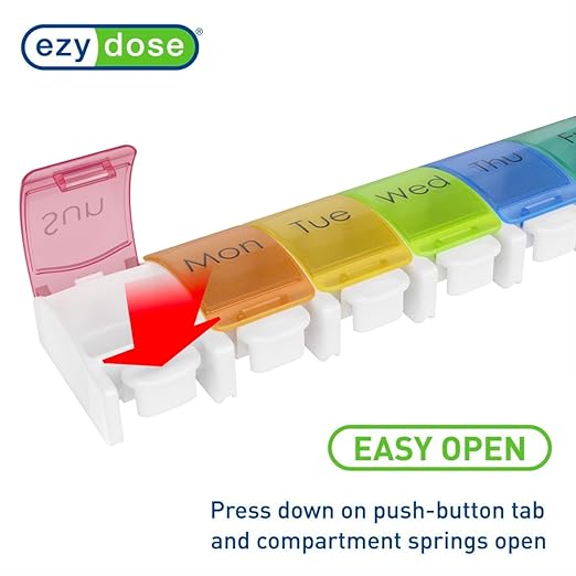 EZY DOSE Weekly (7-Day) Pill Case, Medicine Planner, Vitamin Organizer Box, Convenient and Easy to Use, Large Push-Button Compartments, Travel Friendly, Rainbow Lids, BPA Free