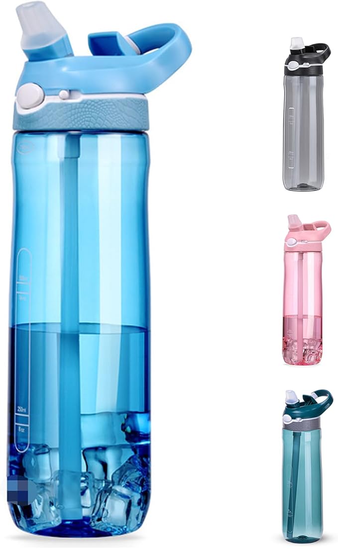 DEARART 24oz Water Bottles With Straw, 100% Leakproof BPA FREE Flip Up Lid Clear Bottle With Handle, Easy Carried Suit Office Sports Travel Gym Yoga, Light Blue