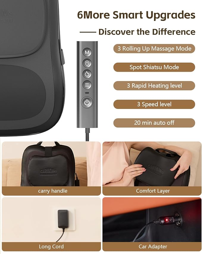 Up & Down Shiatsu Back Massage with Heat –External Adjustable Cushion Pad, 3D Kneading Massage Pillow for Lower Back, Neck, Shoulder, Leg Pain Relief Deep Tissue for Office, Chair & Home (Black)