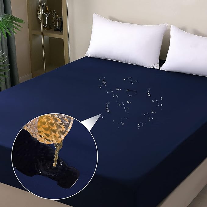 Twin Mattress Protector Waterproof, Fitted Sheet Style Breathable Cooling Mattress Cover with Deep Pocket Fits Up to 18'', Noiseless Bed Cover for Kids Adults, Machine Washable(Navyblue, 39'' X 75'')