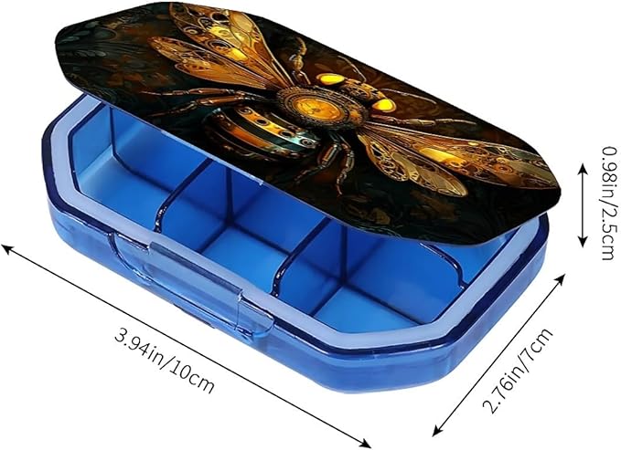 This Portable Mechanical Bee Pattern 6 Compartment Pill Box Can Be Placed in A Pocket Or Wallet to Store Vitamins, Medicines Health Supplements Other Medications.