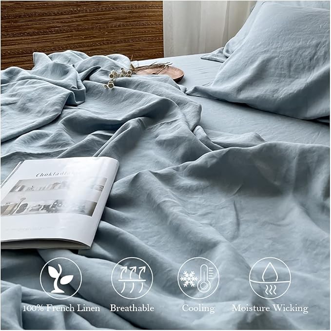 Simple&Opulence Washed Linen Bed Sheet Set Basic Style 4 Pieces (1 Flat Sheet & 1 Fitted Sheet & 2 Pillowcases) 100% Natural French Flax Soft Breathable Farmhouse Bedding (King, Duaty Blue)