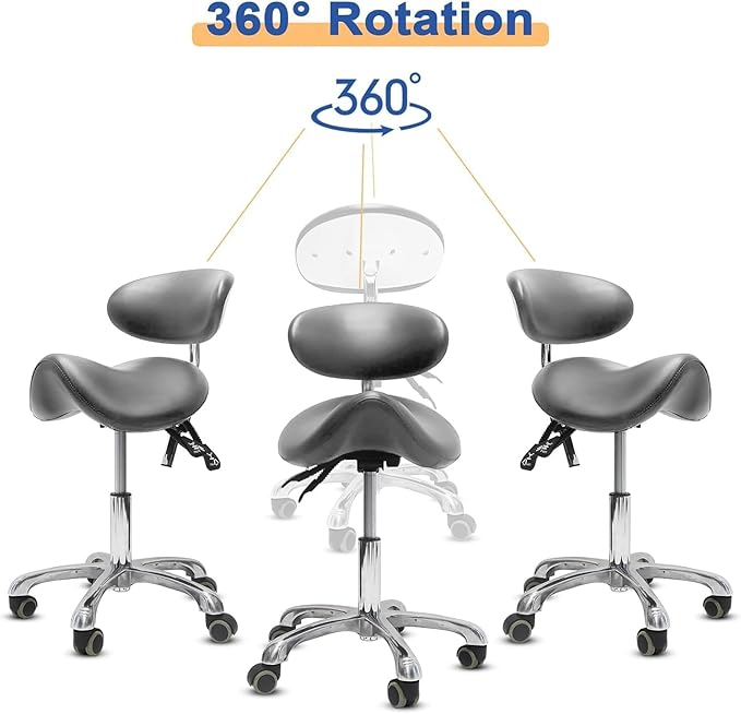 Adjustable Saddle Stool, ergonomically Designed Rotating Saddle Stool with Back Support, Rotating Rolling Base, Grey