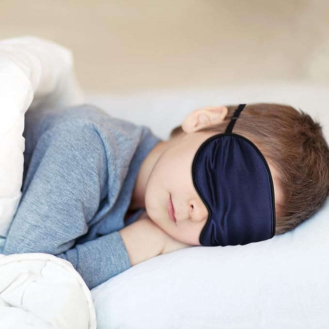 Sintege 4 Pcs Silk Eye Mask for Sleeping Kids Soft Eye Cover with Adjustable Strap Blindfold for Kids Boys Girls Christmas Travel Gift Nap Shade Blocking Light(Black, Navy Blue)