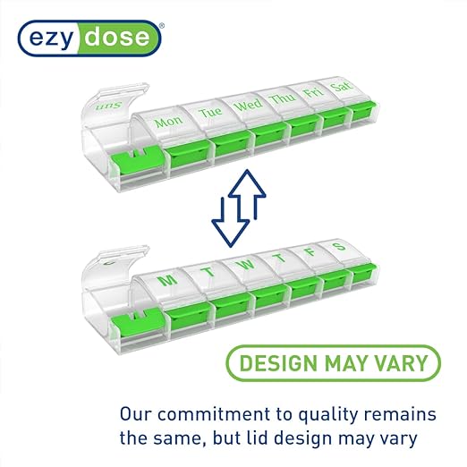 EZY DOSE Weekly (7-Day) AM/PM Daily Pill Organizer, Vitamin Case, and Medicine Container, X-Large Compartments, Arthritis Friendly, Convenient with Effortless Portability, Clear/Green Lids, BPA Free