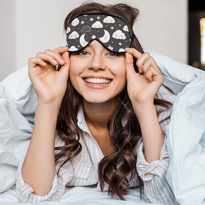 Grey Night Sleep Eye Mask Eye Cover Cute Cartoon Clouds Moons White Pink Silk Eye Mask for Sleeping with Adjustable Strap for Travel Nap Shift Work Office