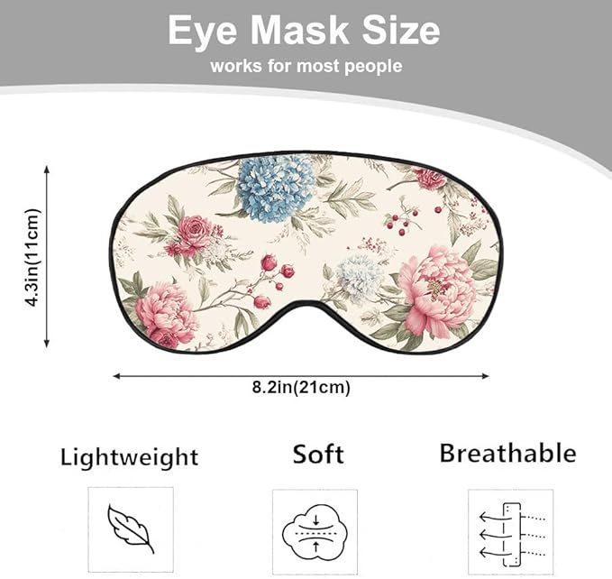 Watercolor Flowers Silk Eye Mask Sleep Mask Blue Pink Flowers Garden Spring Summer Nature Eye Mask with Adjustable Strap Lightweight for Women Work Travel Night Sleep