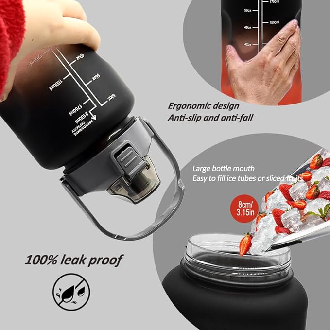 4pcs Water Bottle Set,64oz+28oz+14oz+9oz Large Capacity Sports Fitness Water Bottle,Leak Proof,Straw Inspirational Water Bottle,For Family Camping Outdoor(4pcs Black red)