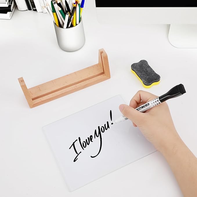 Desktop Glass Whiteboard with Wood Base, Small Whiteboard Glass Dry Erase Board Mini Whiteboard Portable Desk Whiteboard for Home, Office, 6.9x5.86 inch. Accessories Included