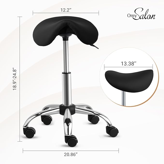OmySalon Saddle Stool Rolling Chair, Ergonomic Saddle Chair with Swivel Wheels, Adjustable Hydraulic Stylist Cutting Stool for Salon Tattoo Massage Office Medical, Black