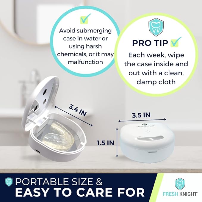 FRESH KNIGHT UVC Retainer Cleaner & Denture Cleaner - UV Retainer Case - Ideal for Invisalign & Mouth Guards - White UV Retainer Container - Convenient Travel Size