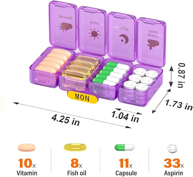 Weekly Pill Organizer 4 Times a Day, Large Compartments Pill Box 4X 7 Day, Medicine Organizer Pill Case for Pills/Vitamins/Fish Oils/Medication/Supplements (4x7 Yellow + Rainbow)
