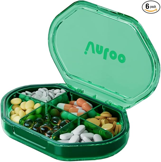 Pill Box, 6 Compartments Portable Pill Case, Moisture-Proof Pill Organizer, Medication Supplements Pill Case (Green)