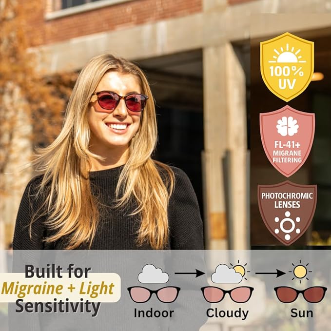 FL-41 Migraine Glasses for Light Sensitivity/Photophobia–Indoor/Outdoor Transitional Lens–Tortoise Frame