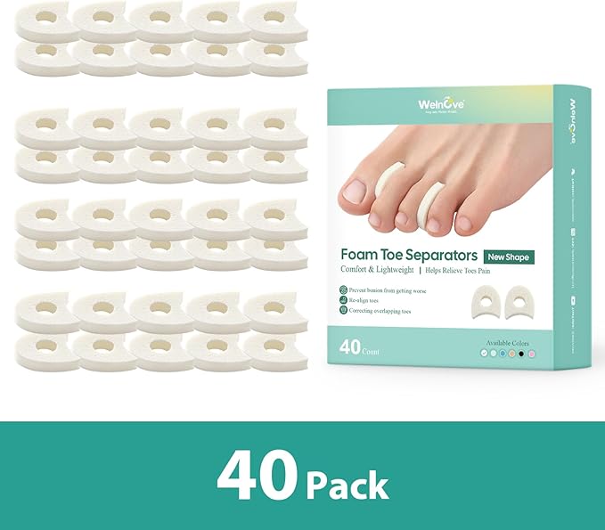 Welnove Foam Toe Separators - 40 Pack Toe Spacers for Corn, Blister, and Hammer Toe Relief - Breathable, Adhesive Options for Pain from Bunions, and Toe Overlap, Toe Spacers for Men