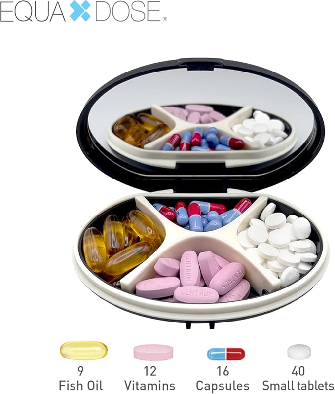 EQUADOSE Oval Compact Pill Case, Portable Organizer with Mirror, Travel Medication Holder with Removable Divider, Small Storage Case for Pills, Vitamins, Earbuds, Jewelry & Daily Essentials, Black