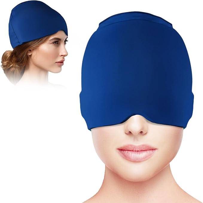 Wearable Ice Cap for Migraines, Headache Relief Hat for Tension Sinus Headache Eye Fatigue Fever Relief, One-Piece Design Fit All Head Ice Pack Cap, Hot Cold Compressed Therapy Head Migraine Hat(Blue)