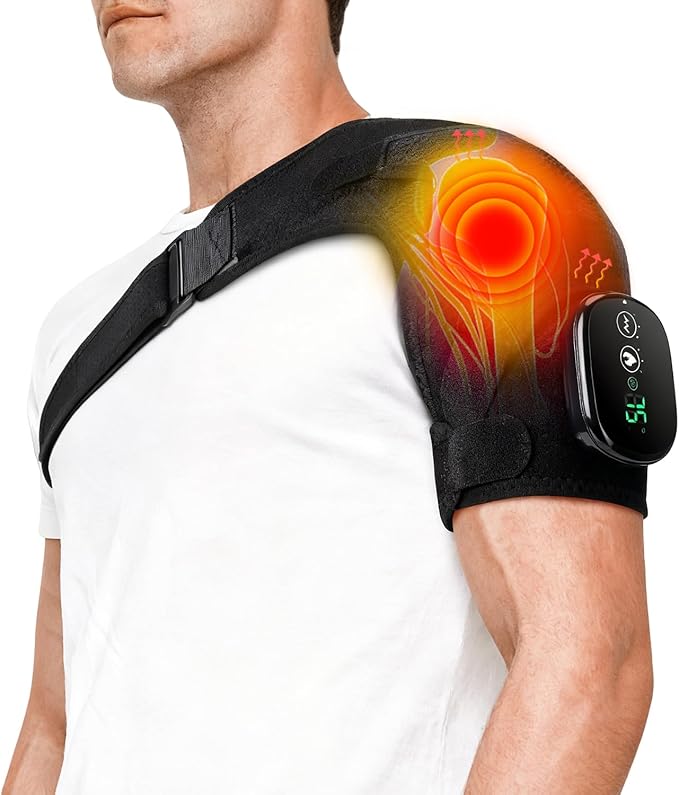 Shoulder Heating Pad with 3 Vibration Modes, Portable Electric Cordless Shoulder Massager,Shoulder Wrap Pain Relief Ideal Gifts for Men, Women, Seniors - Black