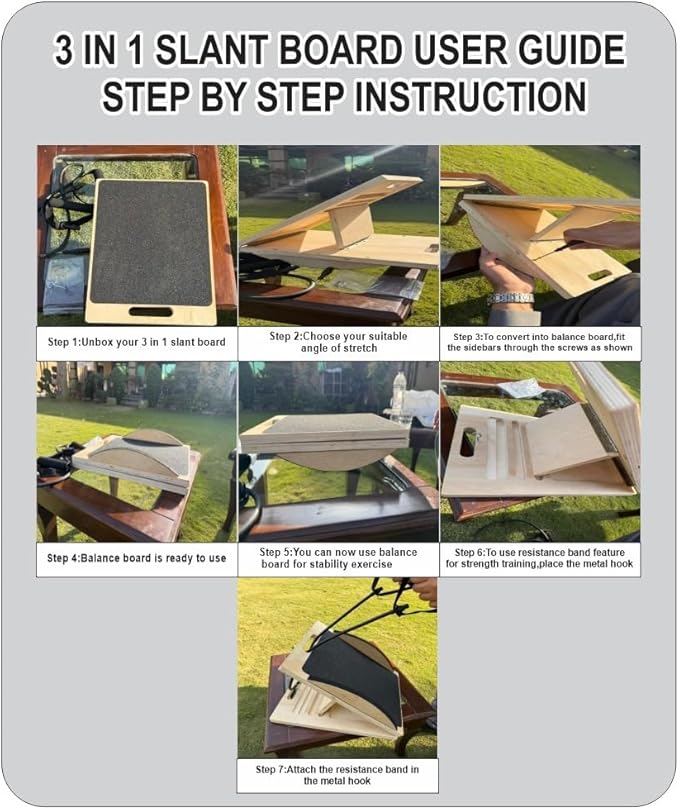 3-in-1 Portable Wooden Slant Board, Balance Board & Resistance Band – 5 Incline Angles –Incline Board – Slant board for exercise, Squats, Physical Therapy – Anti-Slip Surface, Portable, Metal Hook