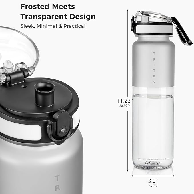 32oz Water Bottle with Chug Lid, Frosted & Clear Tritan BPA-Free, Leakproof, Wide Mouth, Portable Sports Water Bottle for Gym, Office, Travel, Outdoor (Transparent)