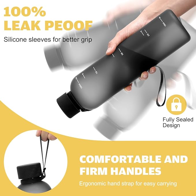 32oz Slim Water Bottle [Lightweight & Shatterproof] with Straw and 2 Lids, Stainless Steel Lid & Bamboo Straw Lid for Travel, Sports, School, Gym- Dishwasher Safe(Black Clear)