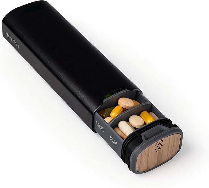 7-Day Aluminum & Wood Pill Organizer – Weekly Medicine & Supplement Case – Compact Travel Pill Box with Individual Daily Compartments (Black)