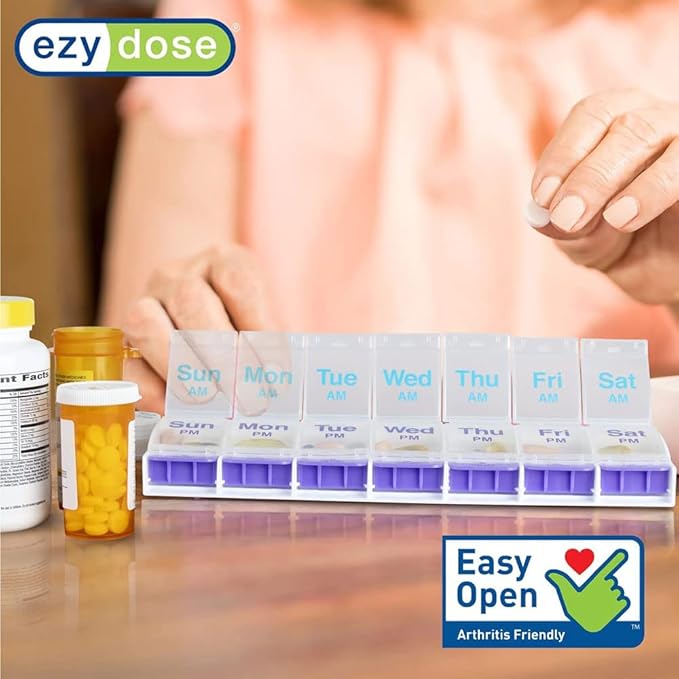 EZY DOSE Push Button AM/PM Weekly (7-Day) Pill Organizer, Weekly 2 Times a Day Medicine Case, Large Compartments for Vitamins Supplements, Arthritis Friendly, Clear Lids (2 Pack)