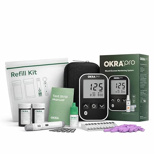 OKRA PRO Blood Glucose Monitor Kit Bundle – Meter, Lancing Device, 125 Test Strips & 125 Lancets, Fast & Accurate Diabetes Testing System with App Tracking