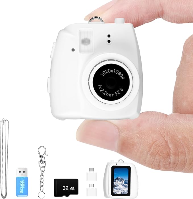 Mini Keychain Camera, FHD 1080p 8MP Mini Digital Camera with 32GB SD Card, 0.96" HD Display, 100 Mins Battery Life for Travel Recording Birthday Gifts (Unzip, White)