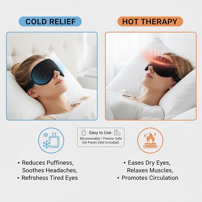 3D Sleep Mask with Hot Cold Gel Layer, Memory Foam Blackout Eye Mask, Zero Pressure Cups for Lashes, Adjustable Strap, Black