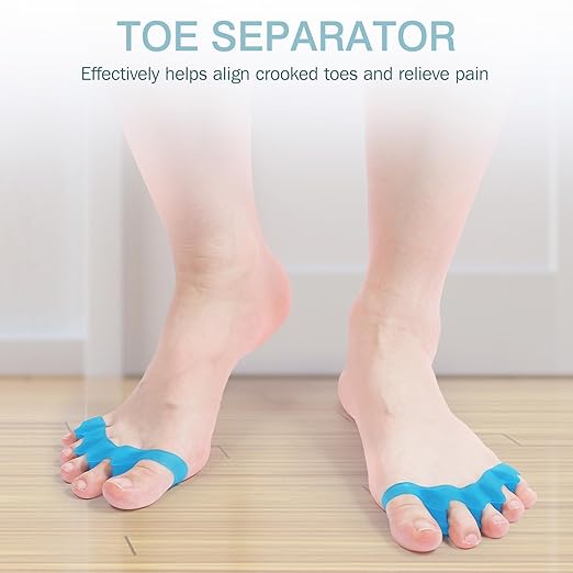 Silicone Toe Separators for Women & Men - Toe Spacers for Bunion Relief, Hammer Toe, Plantar Fasciitis & Pedicures | Includes Metatarsal Pad & Therapeutic Yoga Cushion for Foot Pain (8, Blue)
