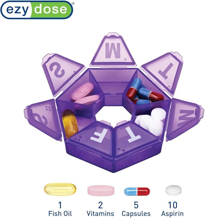 Ezy Dose Weekly Pill Organizers, 7-Sided, Purple (67009PAMT) and Green (67009GAMT)