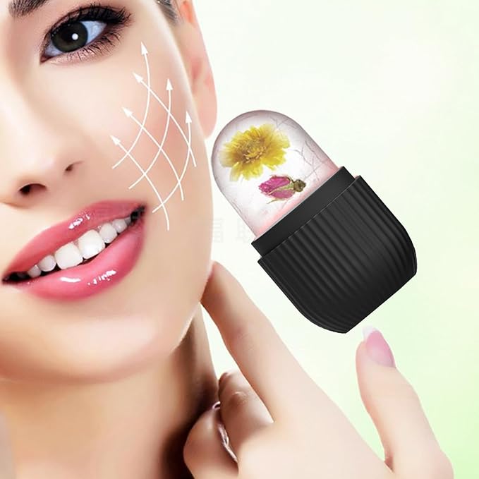 Ice Face Roller, Reusable Silicone Mold Face Massage Eye Facial Beauty Skin Care Tools Apply Ice for Shrink Pores Anti Wrinkle Reduce Puffiness Improve Skin Elasticity, Striped, Black