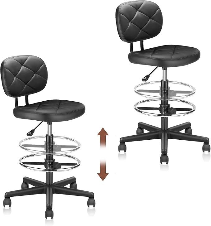 Leather Drafting Stool Chair with Ergonomic Backrest & Footrest, Padded Seat Adjustable Height 360° Swivel Rolling Stools, Tall Office Chair for Standing Desk, Shop, Drawing, Black, 2 Pack