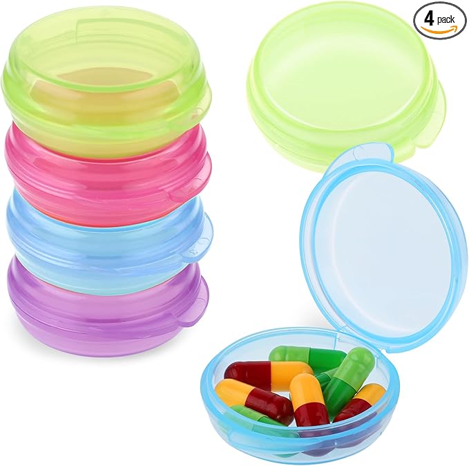 4Pcs Small Pill Box Cute Portable Pill Case Travel Pills Organizer Case Medicine Dispenser Earplug Container Vitamin Holder Liver Oil Storage Case for Women Men Pocket Purse Briefcase