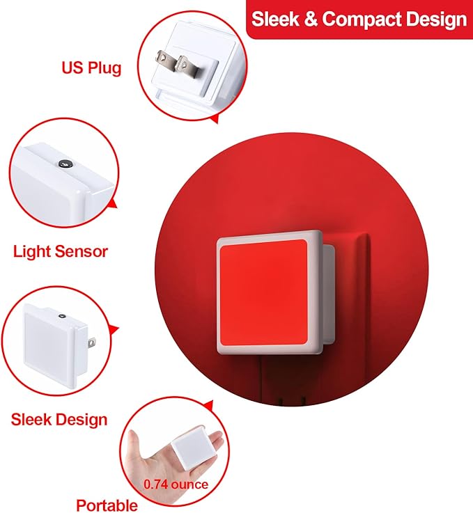 670nm Red Light Night Light for Sleep[4 Pack]- Zero Blue Light, Dimmable & Energy Efficient 0.3W Night Light Plug into Wall with Dusk-to-Dawn Sensor for Nursery, Bedroom, Bathroom
