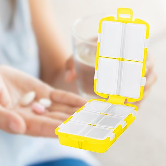 4PCS 7-Day Pill Organizer with Labels – Compact Daily Medication Case | Travel-Sized (3.7" x 2.4") Secure Lock | AM/PM Compartments | Includes 300+ Common Medicines Vitamins Health Product Sticker